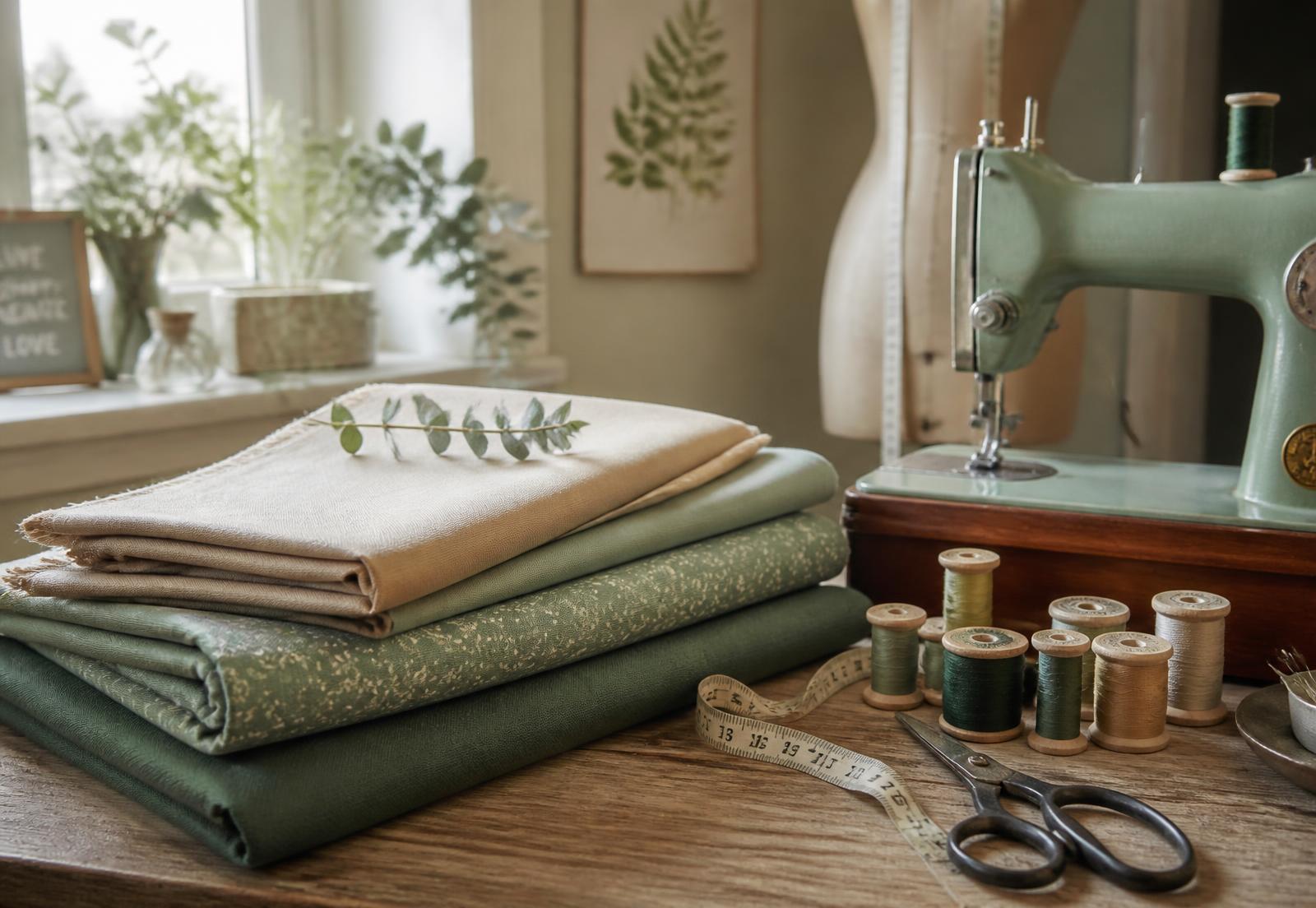 Lex's sewing studio with folded fabric and a vintage machine